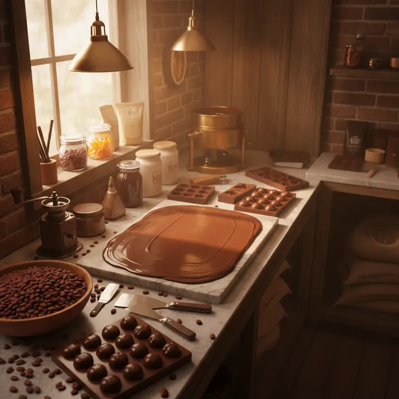 Chocolate moulds and cocoa beans on a workbench