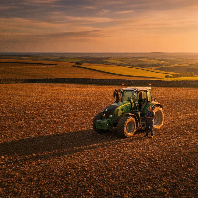 Farmer with a tablet in front of a tractor in open fields