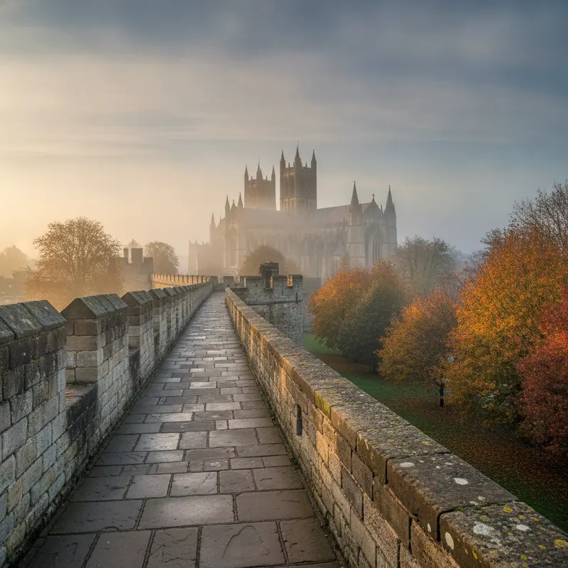 Early morning on York city walls with the Minster towers in mist