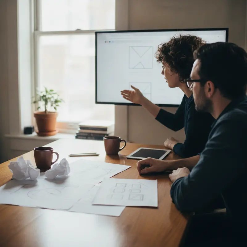 Two people reviewing a website design on a monitor in a meeting room