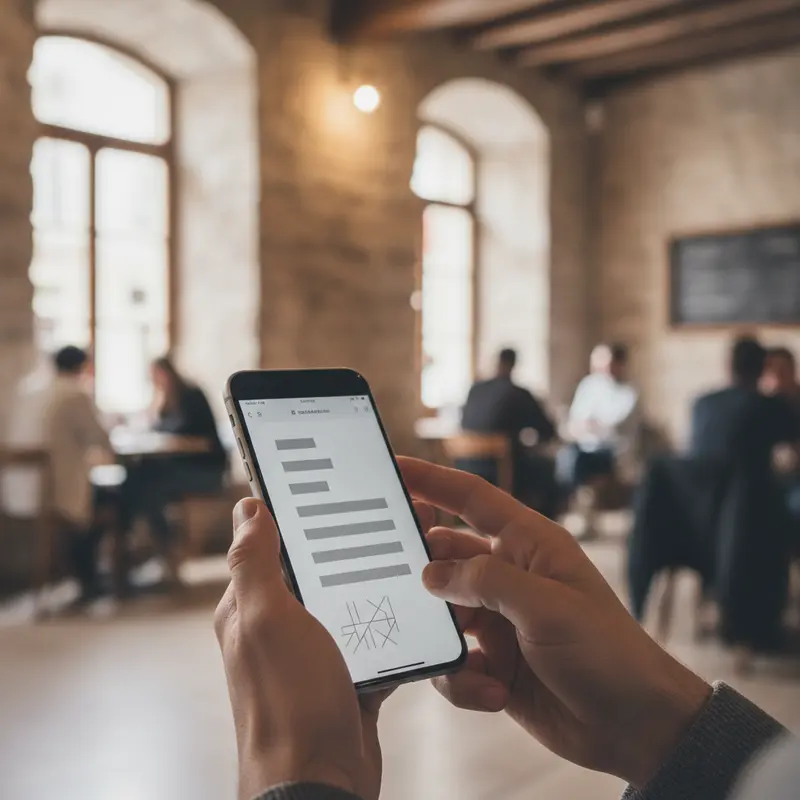 Hand holding a phone showing a simple website