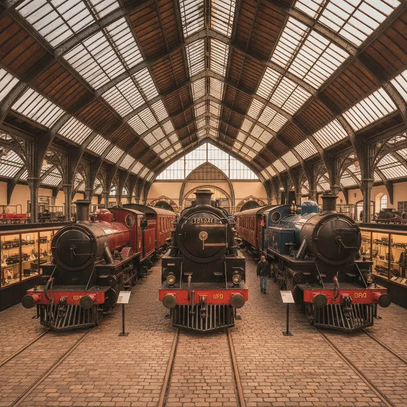Heritage steam locomotives in a museum hall