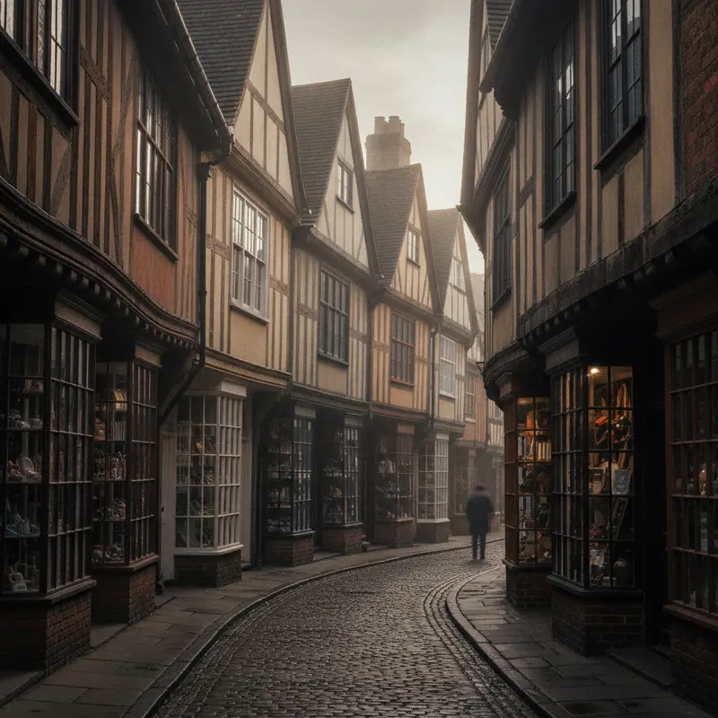 Timber-framed shops on a narrow medieval street in York