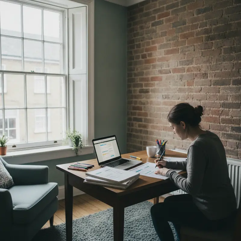 Designer sketching wireframes beside a laptop in a converted townhouse